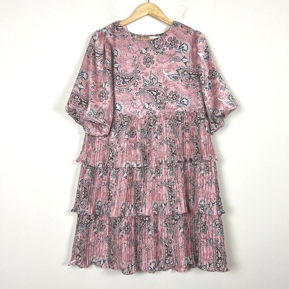 2/$30 Anthropologie Layered Tiered Pink Paisley Chiffon Melloday Dress XL - Picture 3 of 4